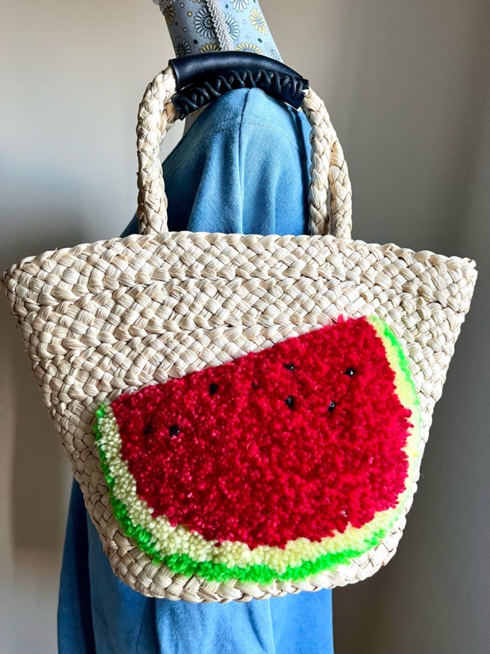 Handwoven Watermelon Straw Tote Bag